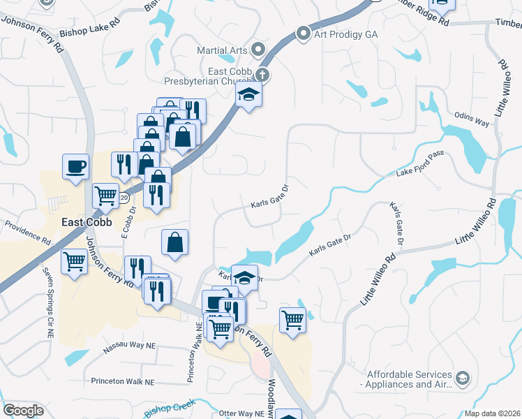 map of restaurants, bars, coffee shops, grocery stores, and more near 4612 Karls Gate Drive in Marietta