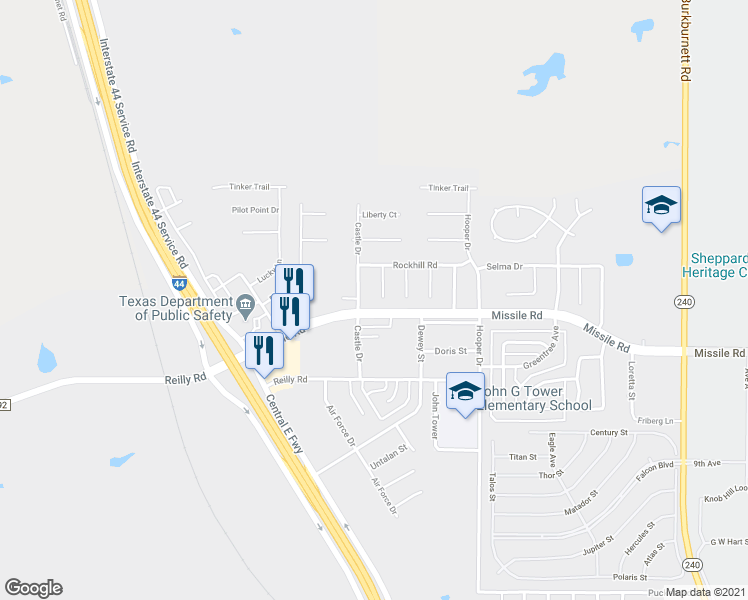 map of restaurants, bars, coffee shops, grocery stores, and more near 9 Lackland Circle in Wichita Falls
