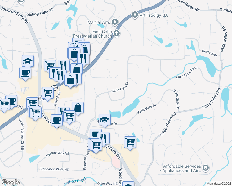 map of restaurants, bars, coffee shops, grocery stores, and more near 4612 Karls Gate Drive in Marietta