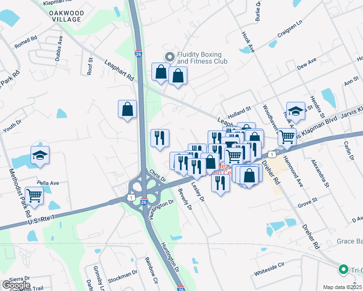 map of restaurants, bars, coffee shops, grocery stores, and more near 236 Castle Drive in West Columbia