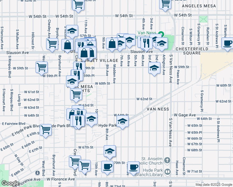 map of restaurants, bars, coffee shops, grocery stores, and more near 6050 7th Avenue in Los Angeles