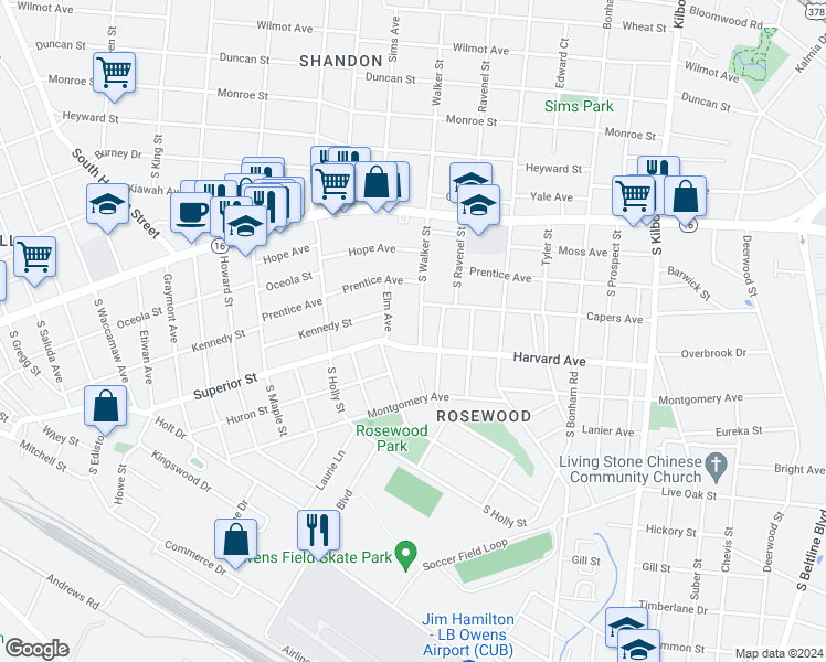 map of restaurants, bars, coffee shops, grocery stores, and more near 511 South Walker Street in Columbia