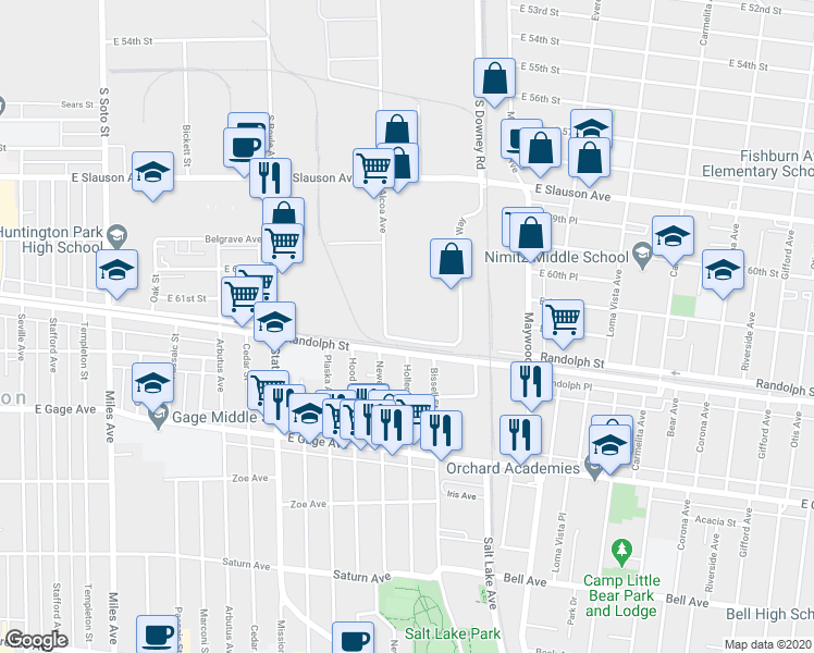map of restaurants, bars, coffee shops, grocery stores, and more near 6180 Alcoa Avenue in Vernon