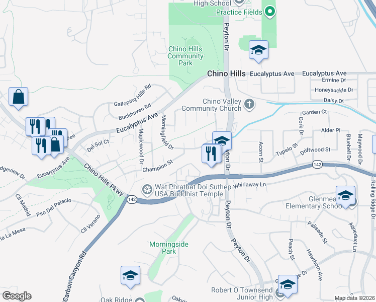 map of restaurants, bars, coffee shops, grocery stores, and more near 3167 Morningfield Drive in Chino Hills