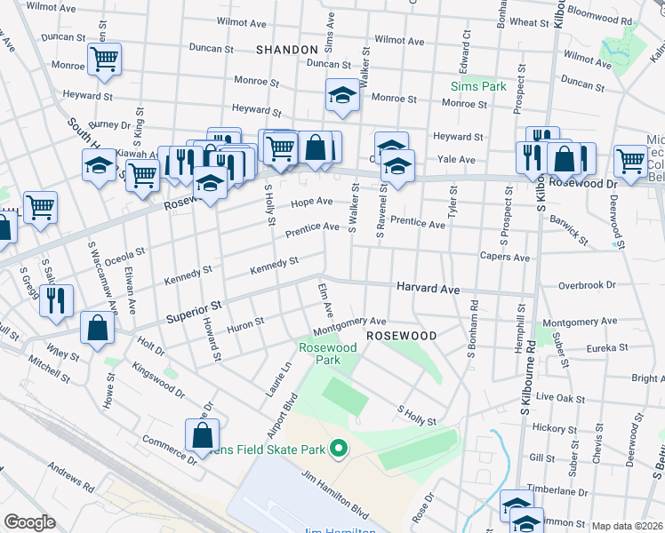 map of restaurants, bars, coffee shops, grocery stores, and more near 642 Elm Avenue in Columbia
