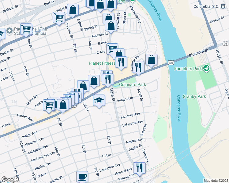 map of restaurants, bars, coffee shops, grocery stores, and more near 1107 South Carolina 2 in Cayce