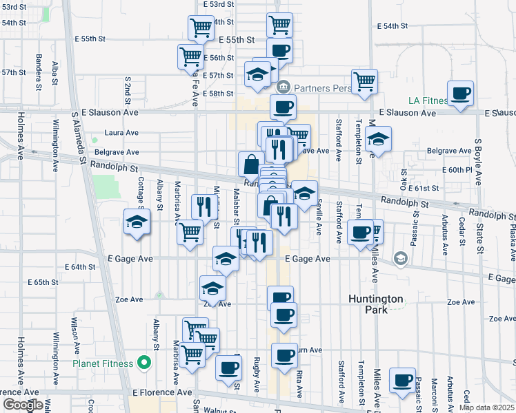 map of restaurants, bars, coffee shops, grocery stores, and more near 6140 Rugby Avenue in Huntington Park