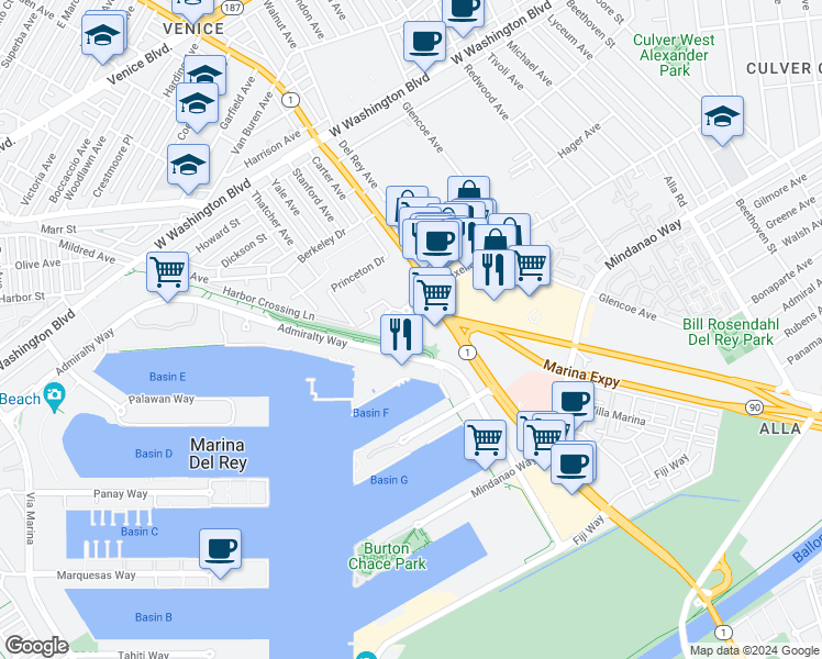 map of restaurants, bars, coffee shops, grocery stores, and more near 13600 Marina Pointe Drive in Marina del Rey