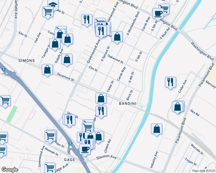 map of restaurants, bars, coffee shops, grocery stores, and more near 1436 Cedar Street in Montebello