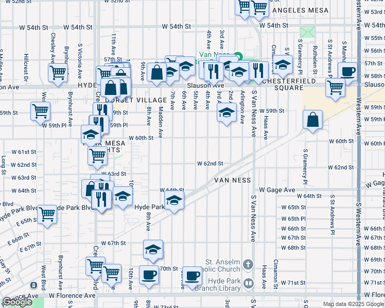 map of restaurants, bars, coffee shops, grocery stores, and more near 6051 5th Avenue in Los Angeles