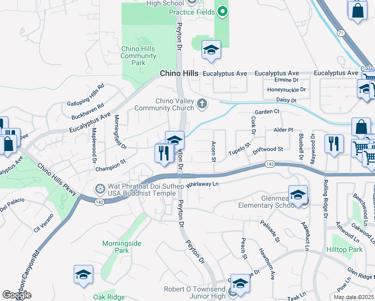 map of restaurants, bars, coffee shops, grocery stores, and more near 14837 Peyton Drive in Chino Hills
