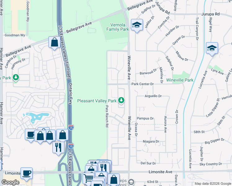 map of restaurants, bars, coffee shops, grocery stores, and more near 5599 Skimmer Drive in Jurupa Valley