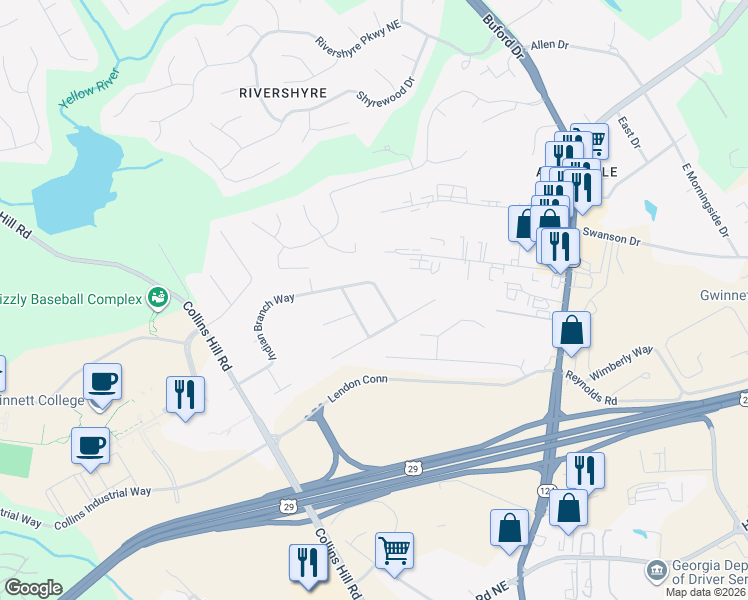 map of restaurants, bars, coffee shops, grocery stores, and more near 299 Indian Branch Way in Lawrenceville