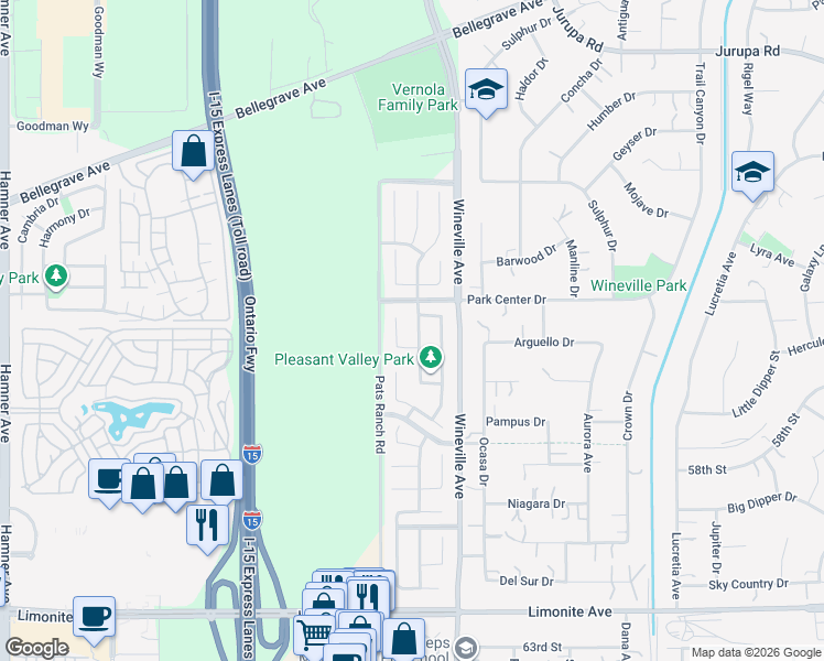 map of restaurants, bars, coffee shops, grocery stores, and more near 5599 Skimmer Drive in Jurupa Valley