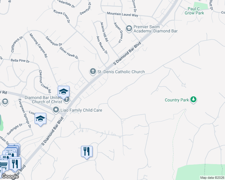 map of restaurants, bars, coffee shops, grocery stores, and more near 22455 Ridge Line Road in Diamond Bar