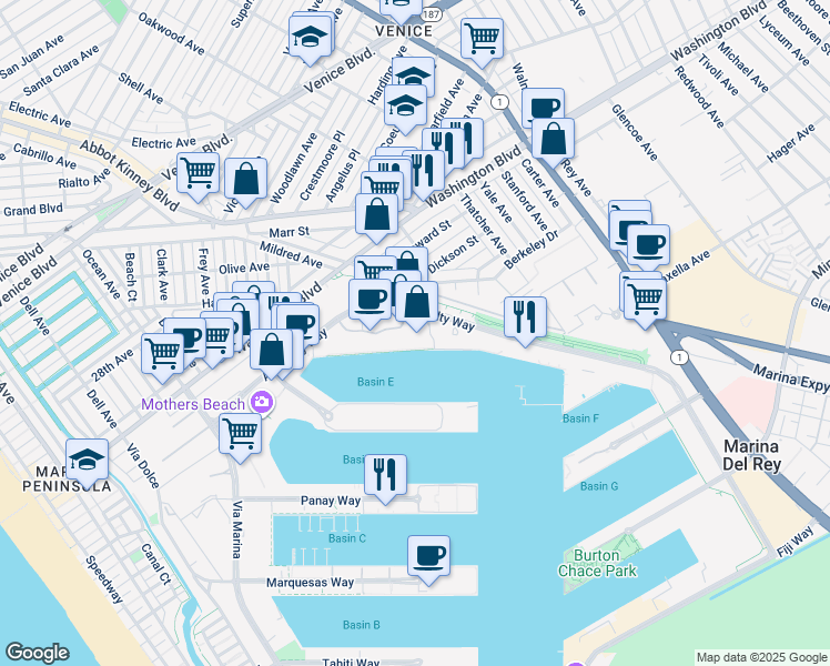 map of restaurants, bars, coffee shops, grocery stores, and more near 4335 Marina City Drive in Marina del Rey