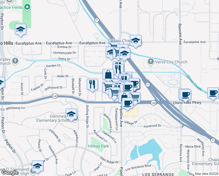 map of restaurants, bars, coffee shops, grocery stores, and more near 4030 Chino Hills Parkway in Chino Hills