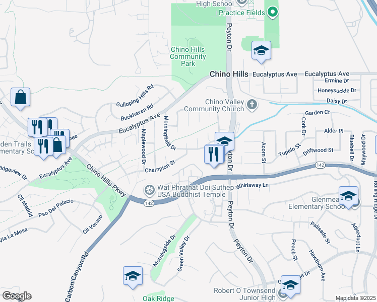 map of restaurants, bars, coffee shops, grocery stores, and more near 3151 Morningfield Drive in Chino Hills