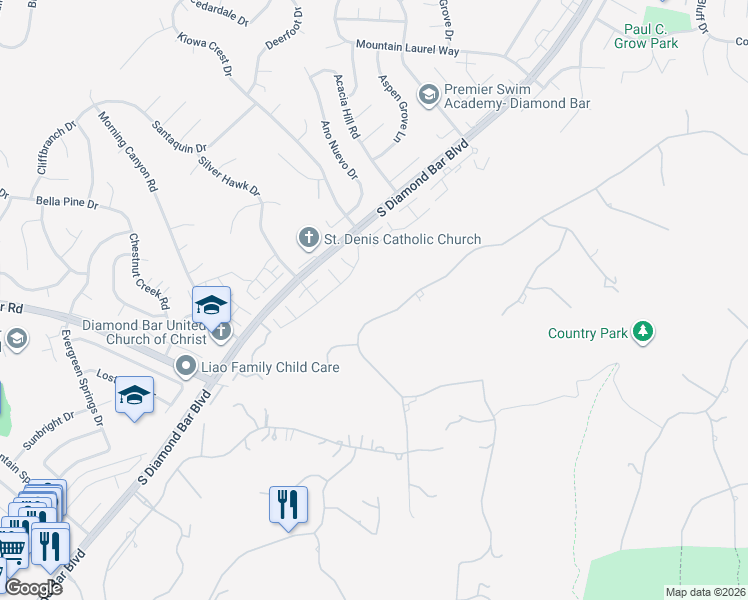 map of restaurants, bars, coffee shops, grocery stores, and more near 22455 Ridge Line Road in Diamond Bar