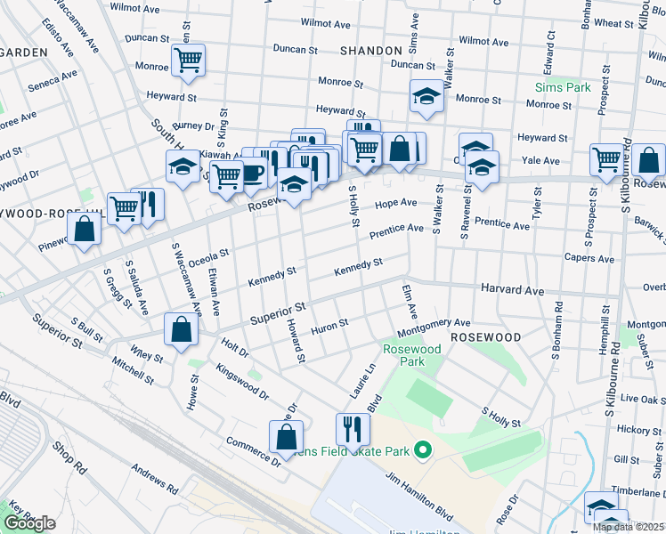 map of restaurants, bars, coffee shops, grocery stores, and more near 2920 Kennedy Street in Columbia