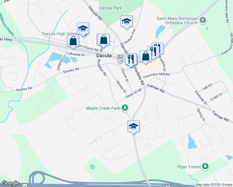map of restaurants, bars, coffee shops, grocery stores, and more near 356 McMillan Road in Dacula