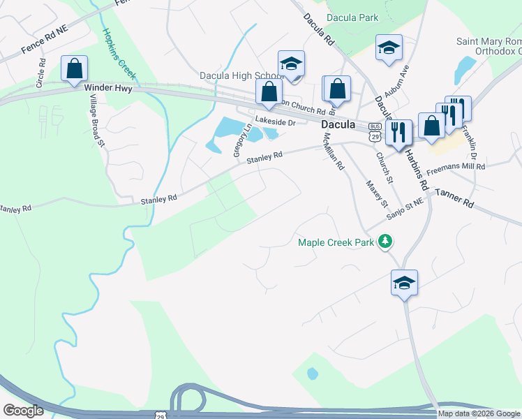 map of restaurants, bars, coffee shops, grocery stores, and more near 2280 Fortune Drive in Dacula