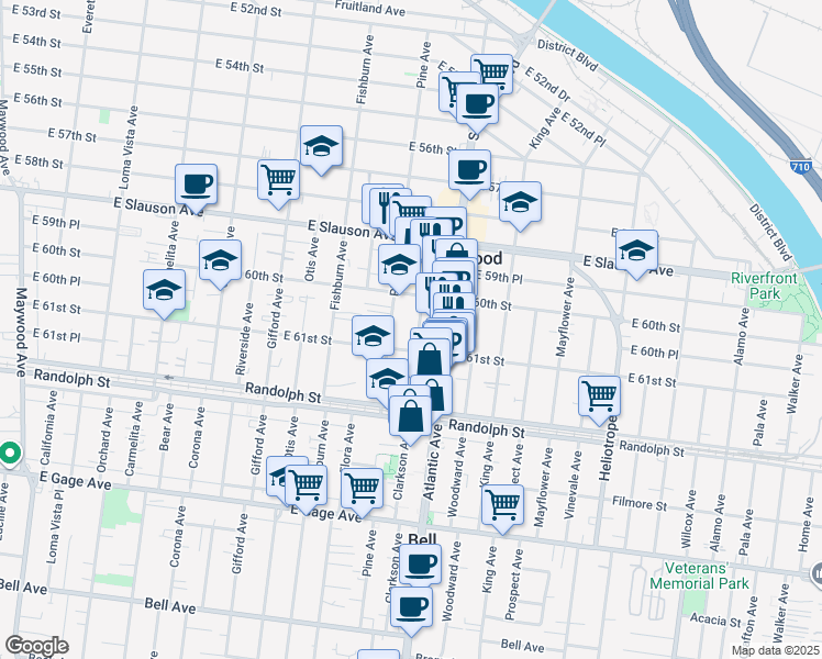 map of restaurants, bars, coffee shops, grocery stores, and more near 6033 Clarkson Avenue in Maywood