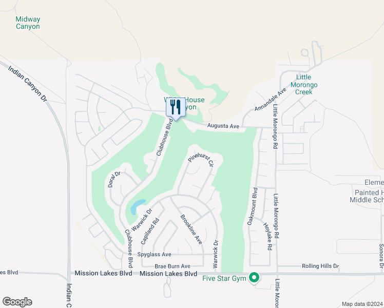 map of restaurants, bars, coffee shops, grocery stores, and more near Turnesa Court in Desert Hot Springs