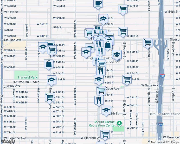 map of restaurants, bars, coffee shops, grocery stores, and more near 1042 West 61st Street in Los Angeles