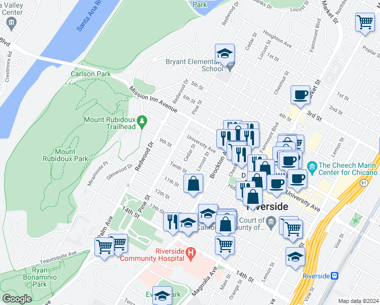 map of restaurants, bars, coffee shops, grocery stores, and more near 3877 Cedar Street in Riverside