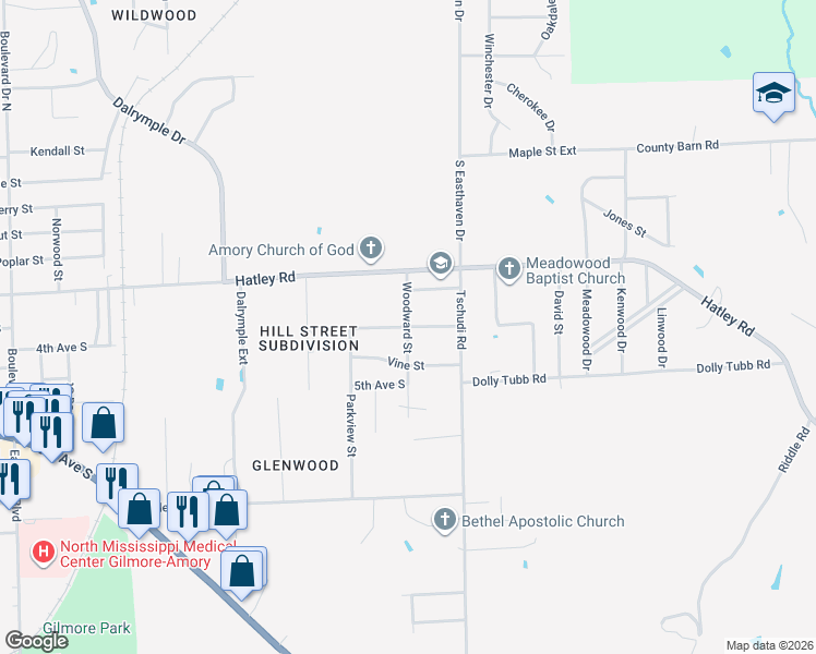 map of restaurants, bars, coffee shops, grocery stores, and more near 416 Woodward Street in Amory