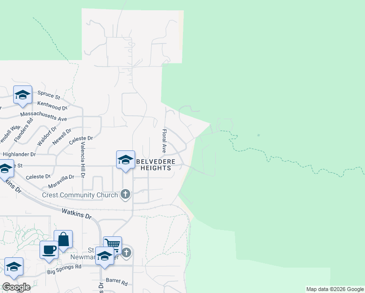map of restaurants, bars, coffee shops, grocery stores, and more near 3148 Belvedere Drive in Riverside
