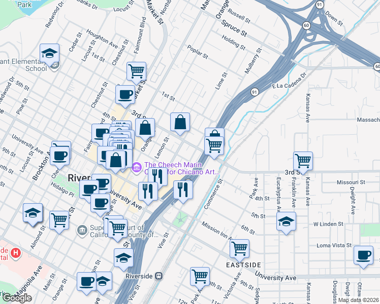 map of restaurants, bars, coffee shops, grocery stores, and more near 3395 Mulberry Street in Riverside