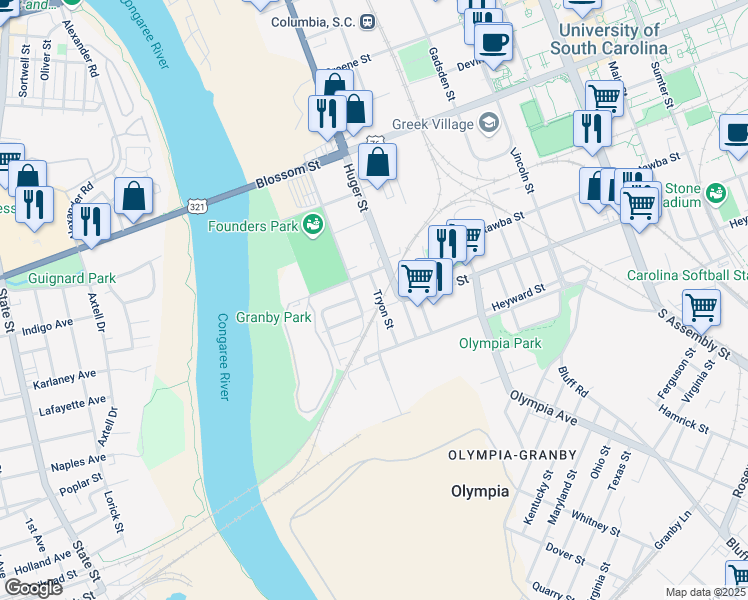 map of restaurants, bars, coffee shops, grocery stores, and more near 202 Williams Street in Columbia