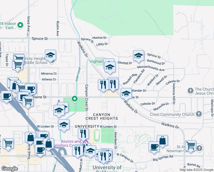 map of restaurants, bars, coffee shops, grocery stores, and more near 3131 Watkins Drive in Riverside