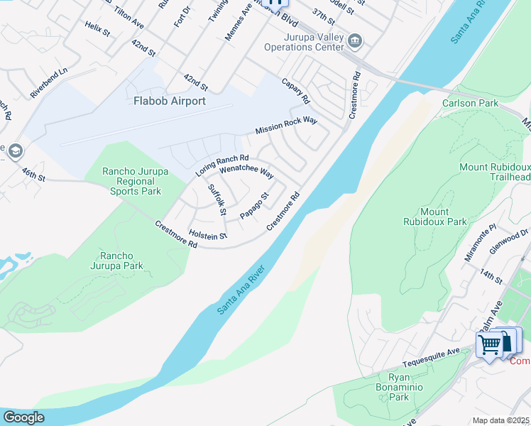 map of restaurants, bars, coffee shops, grocery stores, and more near 5106 Tolowa Avenue in Riverside