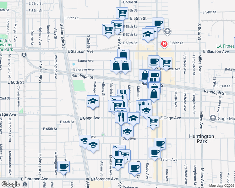 map of restaurants, bars, coffee shops, grocery stores, and more near 6201 Santa Fe Avenue in Huntington Park