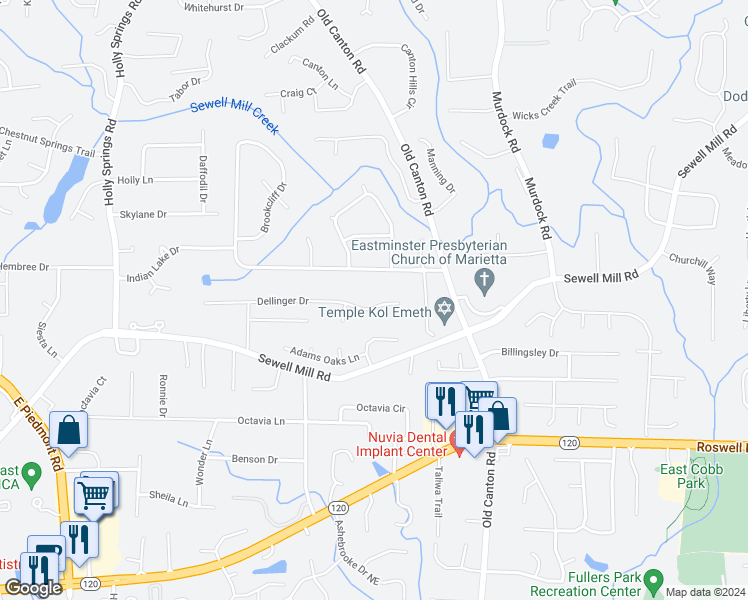 map of restaurants, bars, coffee shops, grocery stores, and more near 2915 Dellinger Drive in Marietta