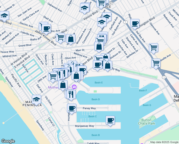 map of restaurants, bars, coffee shops, grocery stores, and more near 4265 Marina City Drive in Marina del Rey