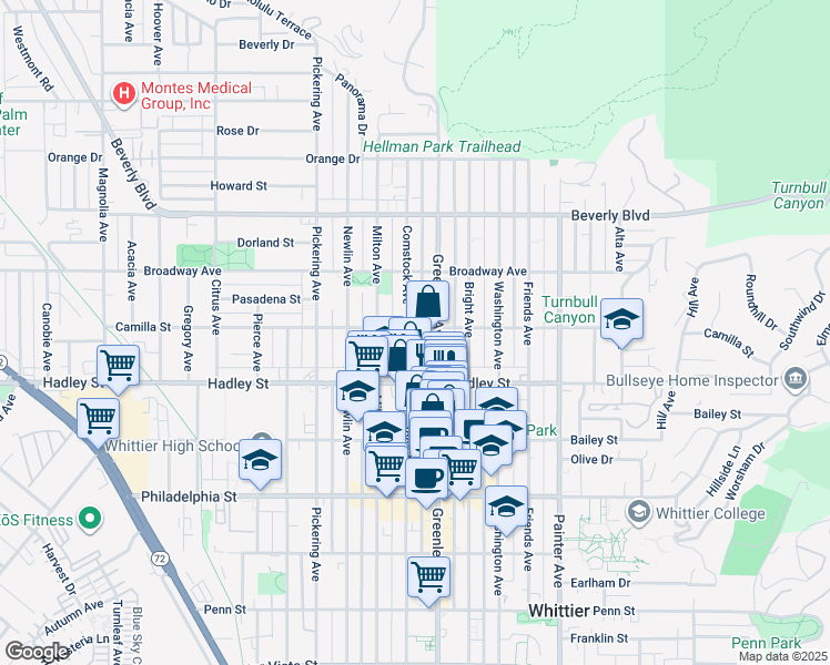map of restaurants, bars, coffee shops, grocery stores, and more near 6302 Comstock Avenue in Whittier