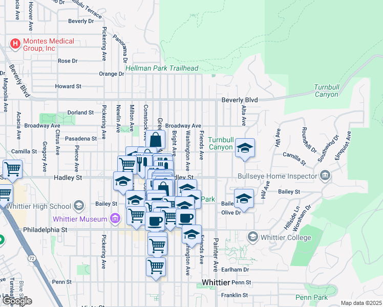map of restaurants, bars, coffee shops, grocery stores, and more near 13212 Camilla Street in Whittier