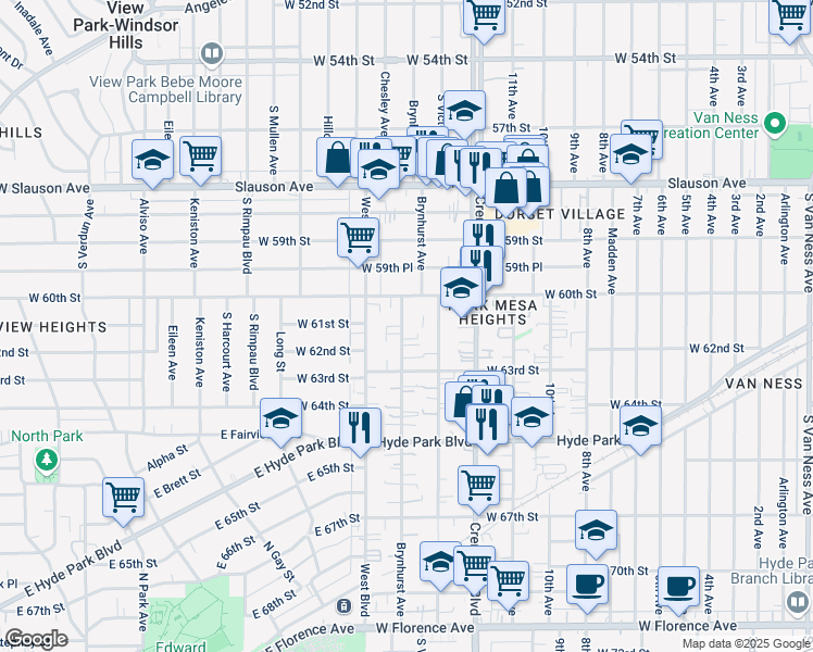 map of restaurants, bars, coffee shops, grocery stores, and more near 6104 1/2 Brynhurst Avenue in Los Angeles