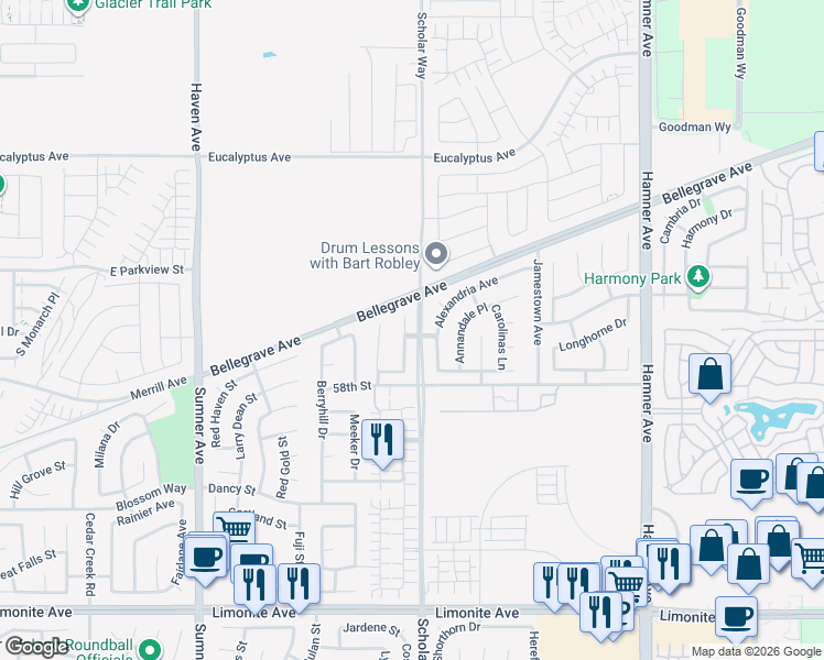 map of restaurants, bars, coffee shops, grocery stores, and more near 5749 Alexandria Avenue in Corona