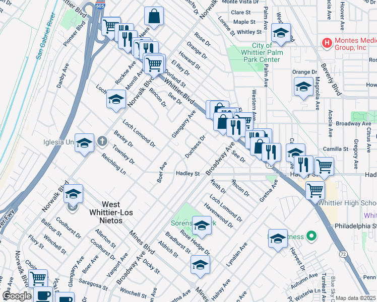 map of restaurants, bars, coffee shops, grocery stores, and more near 6625 Duchess Drive in Whittier