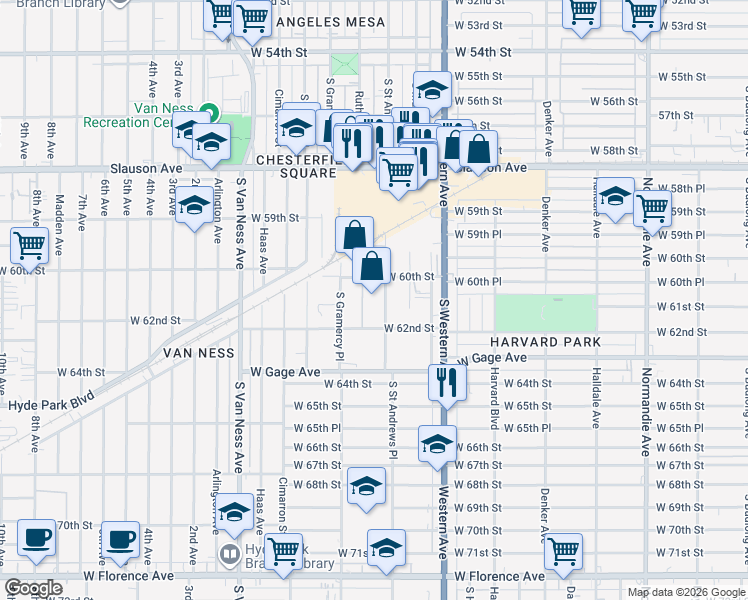 map of restaurants, bars, coffee shops, grocery stores, and more near South Gramercy Place in Los Angeles