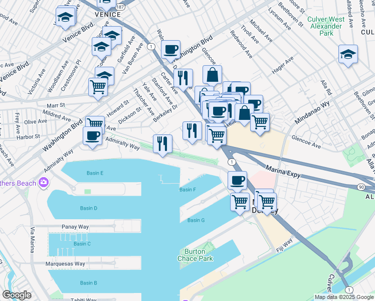 map of restaurants, bars, coffee shops, grocery stores, and more near 13700 Marina Pointe Drive in Los Angeles