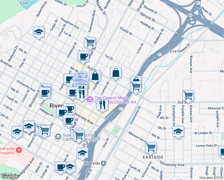 map of restaurants, bars, coffee shops, grocery stores, and more near 3445 4th Street in Riverside