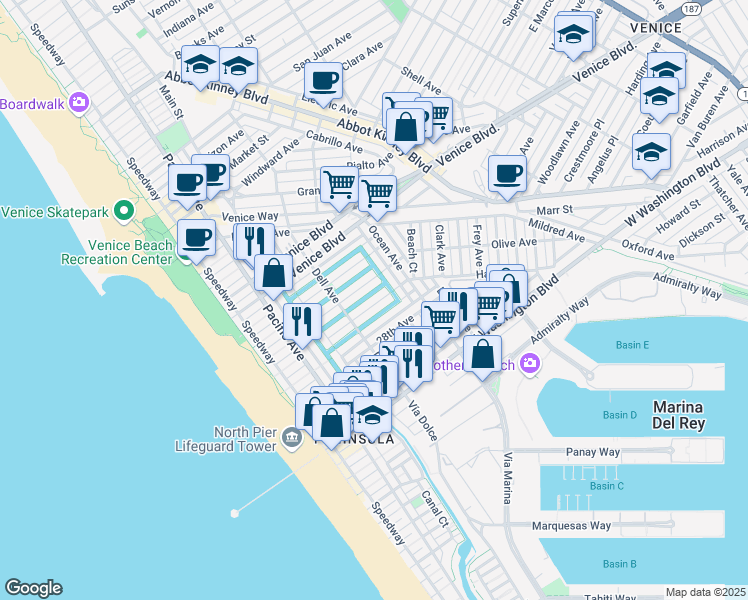 map of restaurants, bars, coffee shops, grocery stores, and more near 438 Howland Canal in Los Angeles