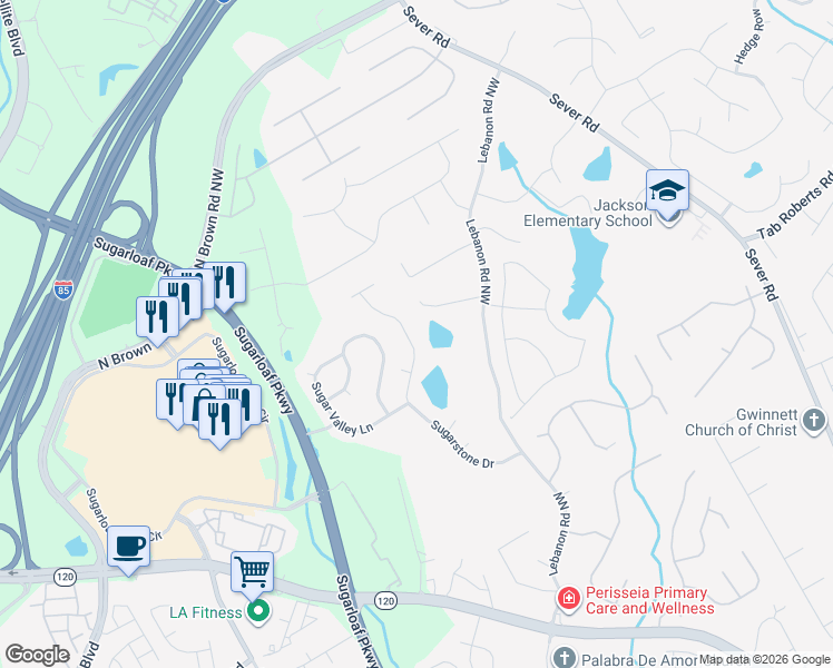 map of restaurants, bars, coffee shops, grocery stores, and more near 2003 Sugarstone Dr in Lawrenceville