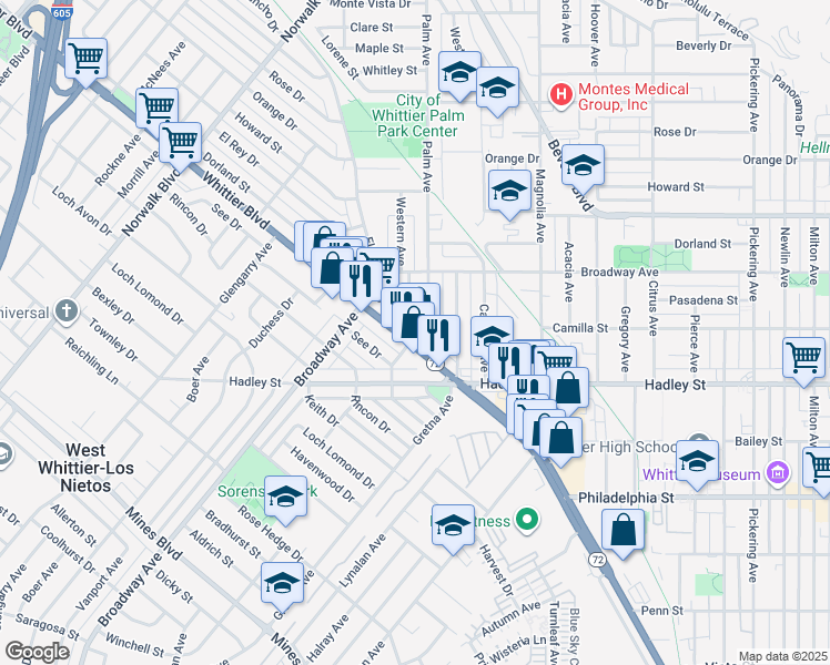 map of restaurants, bars, coffee shops, grocery stores, and more near West Drive in Pico Rivera